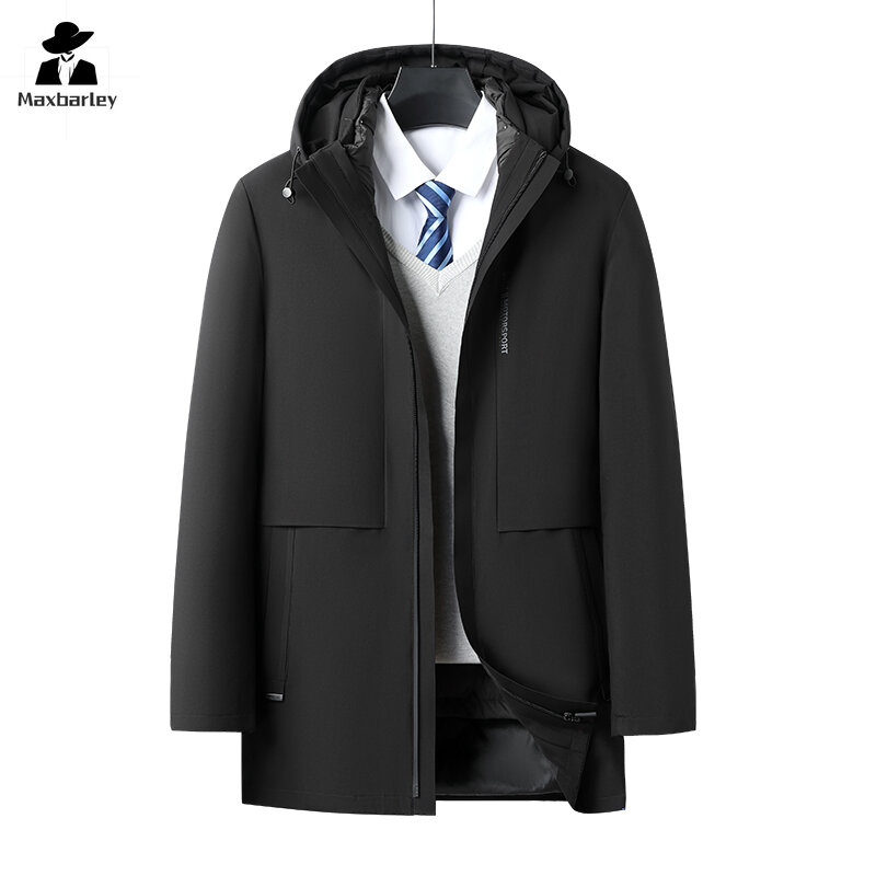 Casaco de luxo com capuz masculino, casaco de ganso, forro destacável, à prova de vento, quente, comprimento médio, inverno, novo, 2022