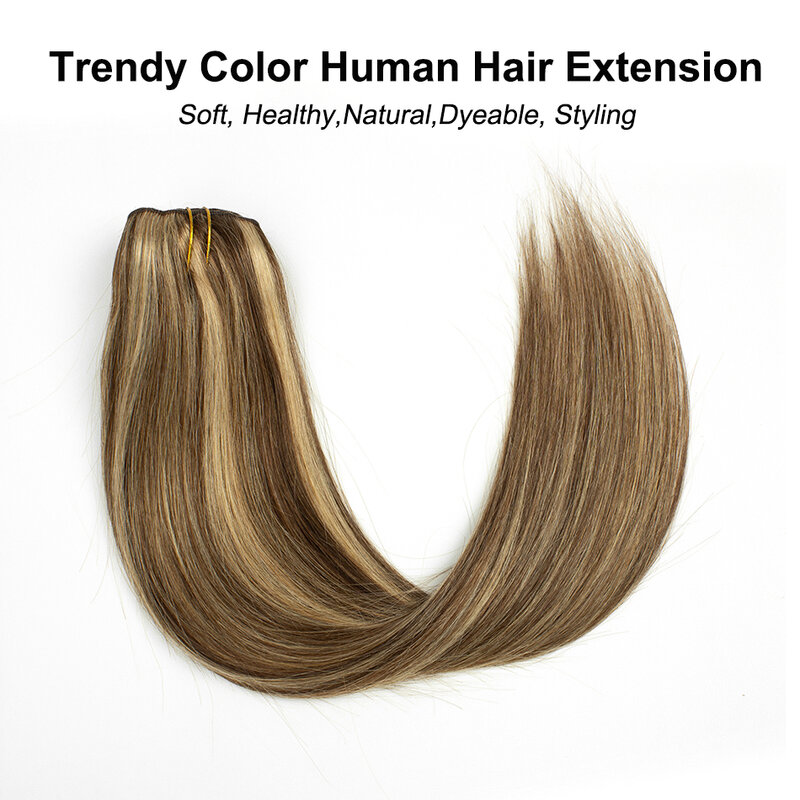 Extensiones de cabello humano con Clip P4/27 #, cabello Remy brasileño de cabeza completa, cabello 100% humano, 14-28 pulgadas, 7 unids/lote por paquete