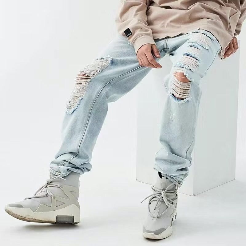 Alta rua rasgado jeans masculina maré solta marca casual hip hop tendência verão calças retas tendência original estilo americano