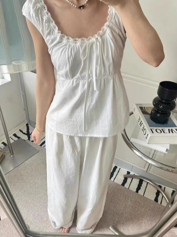 Calça reta casual floral feminina com bainha de renda, pijama de algodão branco, calça solta com elástico na cintura alta, verão