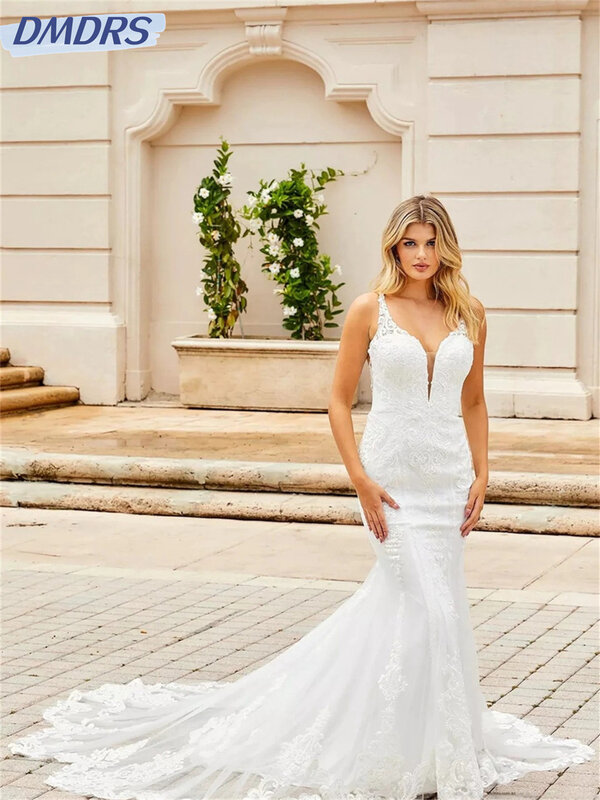 Vestido de casamento sexy Spaghetti Strap, vestido de noiva profundo encantador V-Neck, vestido sem encosto gracioso, vestido até o chão, 2024