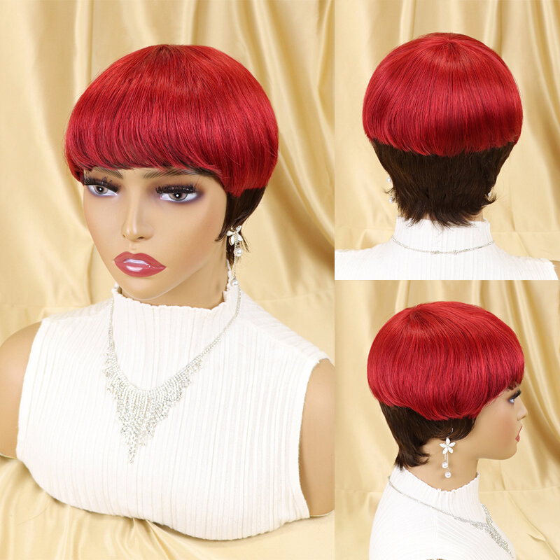 Pixie corte perucas coloridas para mulheres, cabelo humano curto, densidade de 150%, sem cola, cabelo remy brasileiro, máquina completa feita, barato
