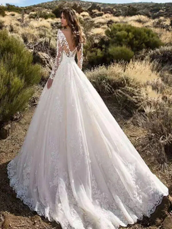 Gaun pernikahan kerah V lengan panjang mewah 2023 gaun pengantin A-line elegan renda applique gaun pengantin buatan khusus Vestido De Novia