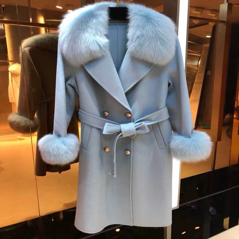 2022 natural mongólia ovelhas casaco de pele real outono inverno jaqueta feminina duplo breasted cinto de lã misturas casaco streetwear x-long