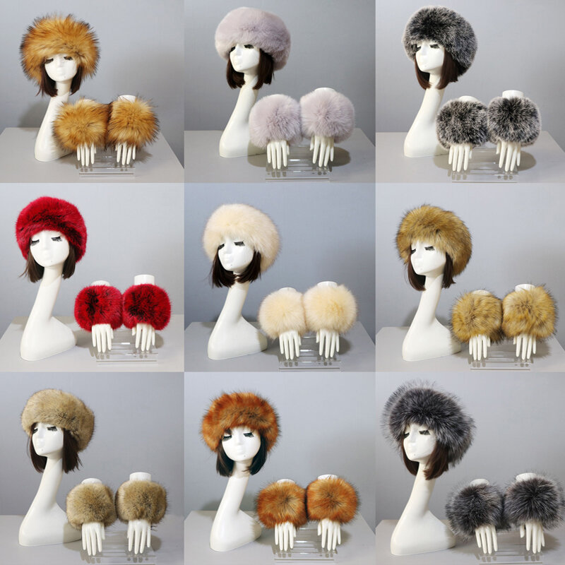 Autunno inverno moda calore cappelli polsini Set maniche in pelliccia di volpe Beanie Suit imitazione cappello di pelliccia di volpe donna