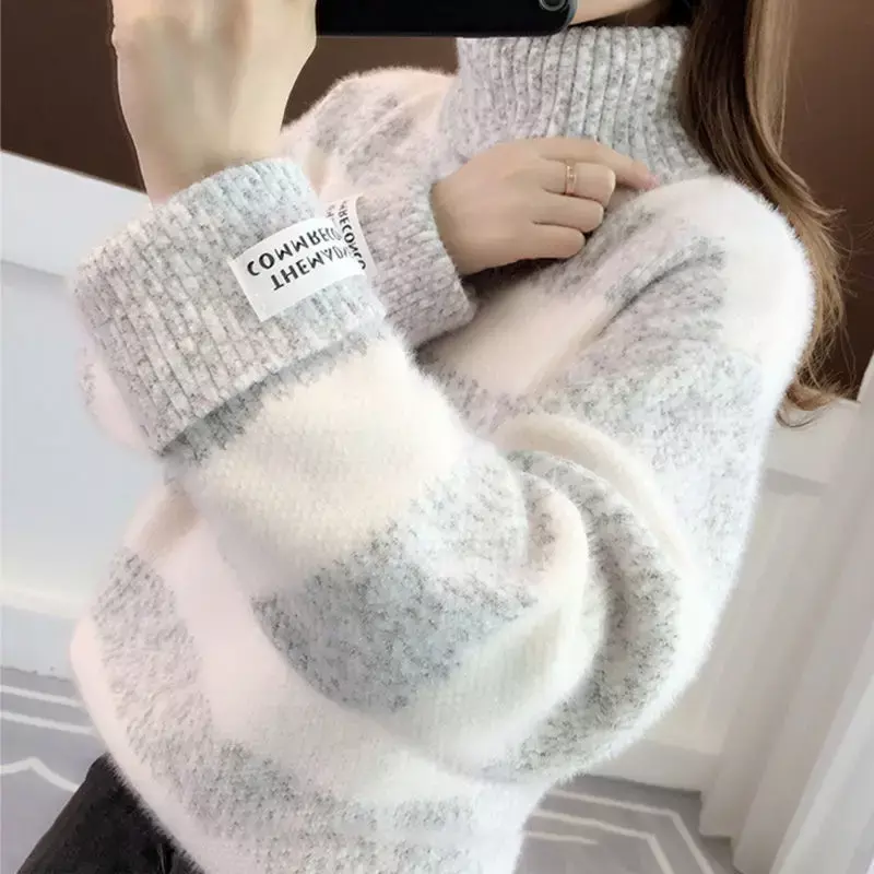 Wysoki kołnierz ocieplany sweter damski 2023 jesień/zima luźna odzież studencki ciepły imitacja norki polar z dzianiny