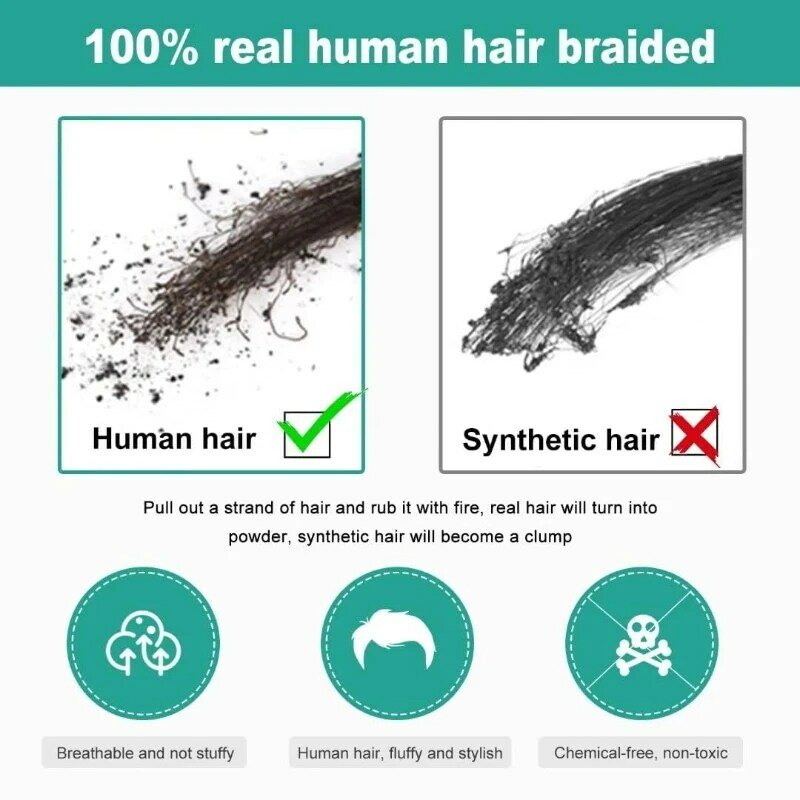 Postiche entièrement tissé à la main pour hommes, toupet, patch de cheveux, point chauve, bricolage, 100% Humano