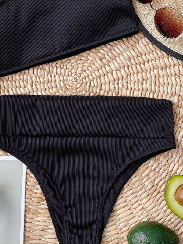 FASKOB – maillot de bain noir fendu, Bikini, taille haute, taille haute, Bandeau, pour femmes, vêtements de plage, d'été