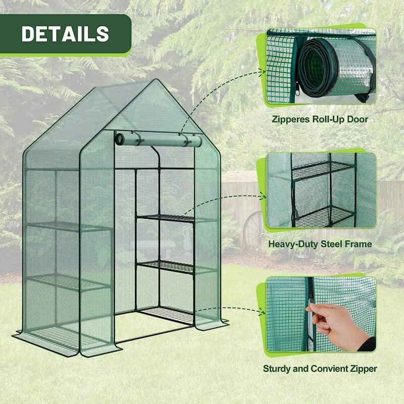Luar ruangan portabel rumah kaca berjalan 2/3 tingkat, rak 6/8 dengan penutup PE tahan lama menggulung pintu ritsleting bingkai baja jendela