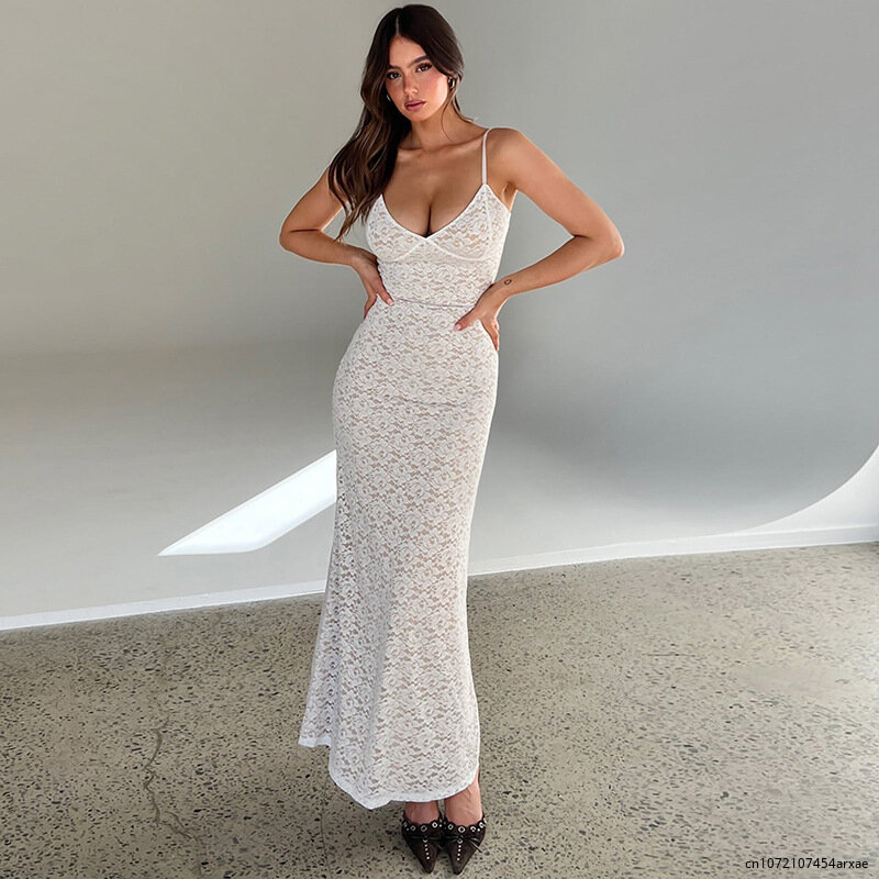 Elegant Woman Clothing Summer Sleeveless Hollow Out Long Maxi Lace Dress High Street Solid Bodycon Formal Party White Dresses