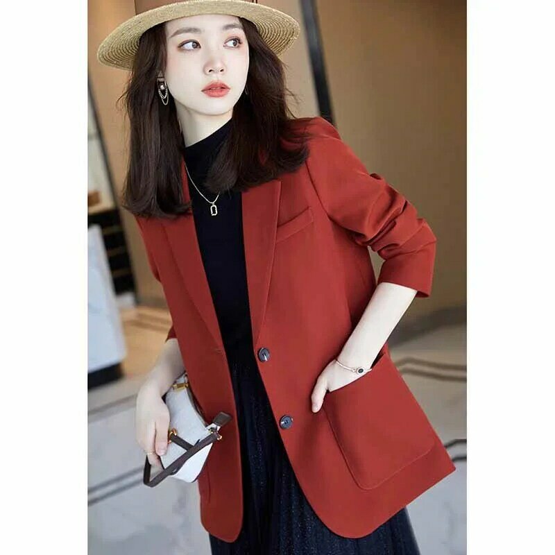 Blazer Musim Semi Wanita Korea Chic longgar jaket wanita elegan berkancing sebaris bersaku setelan blazer Kantor Wanita Atasan Wanita 2023