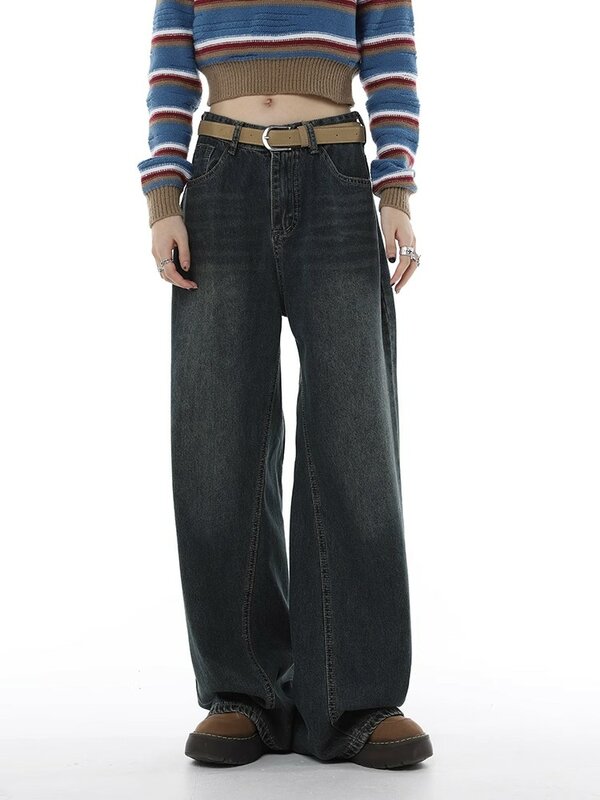 Jeans retrô de pernas largas para mulheres, streetwear de cintura alta, calça jeans confortável, estilo Y2K, moda outono