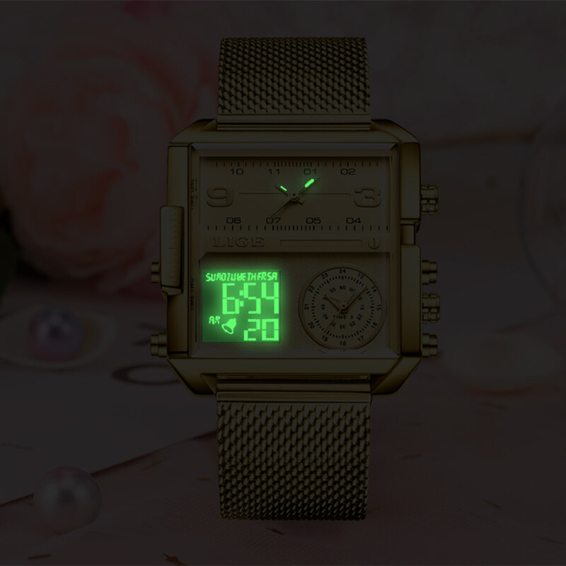 LIGE 2023 جديد الذهب ساعة النساء العلامة التجارية الفاخرة الإبداعية ساحة الساعات السيدات موضة مزدوجة عرض ساعة Relogio Feminino + صندوق