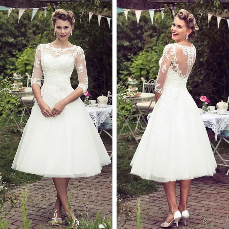 Romantic 2024 Short A Line Wedding Dresses Lace Tea Length Wedding Dress 1/2 Sleeve Vintage bridal gowns Buttons Custom Made