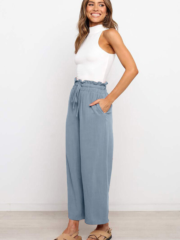 Cotton And Linen Simple Loose HigH Waisted Straight Leg Casual Pants