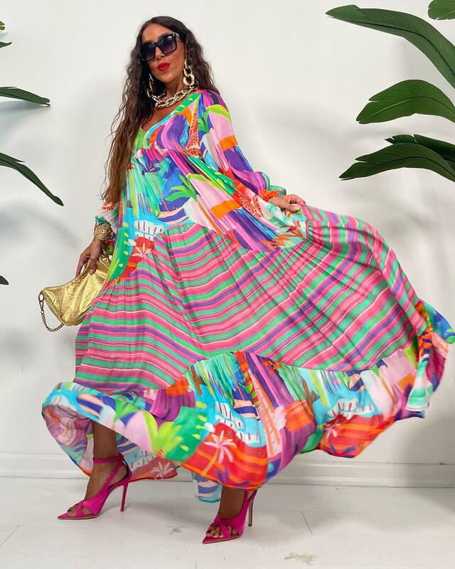 봄 여름 아프리카 여성 긴 소매 V넥 프린트 롱 드레스 맥시 드레스, XS-3XL 아프리카 드레스
