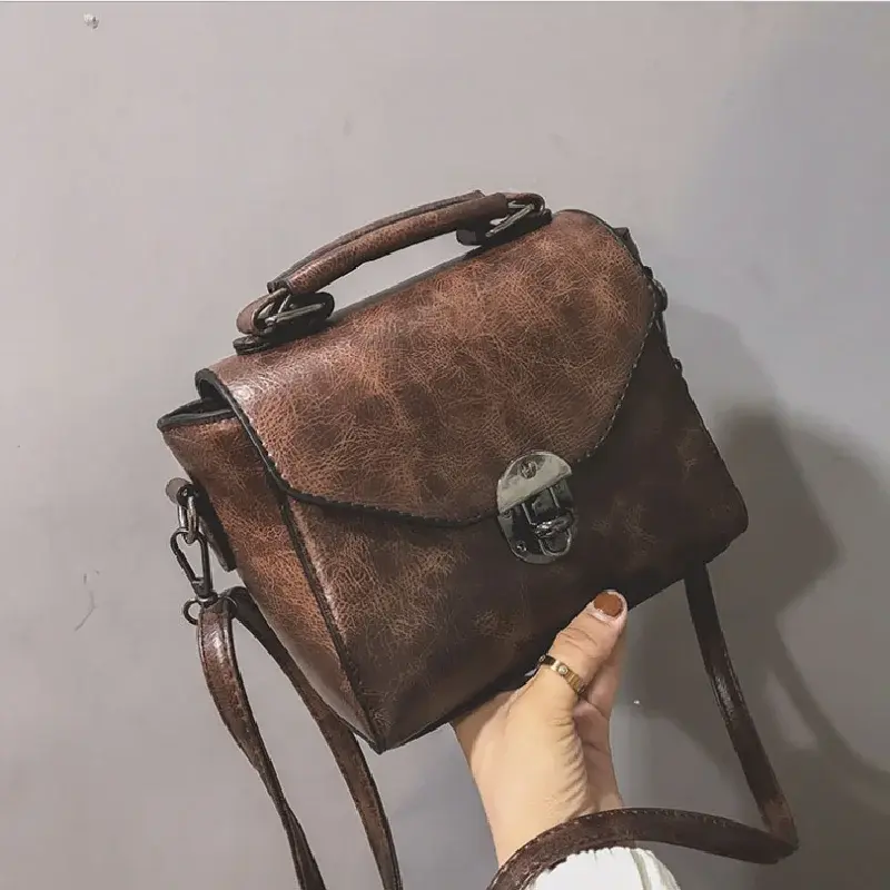 New Vintage Small Square Bag Trendy Rotary Lock Design Female Shoulder Messenger Bag Simple Retro Portable PU Leather Handbag
