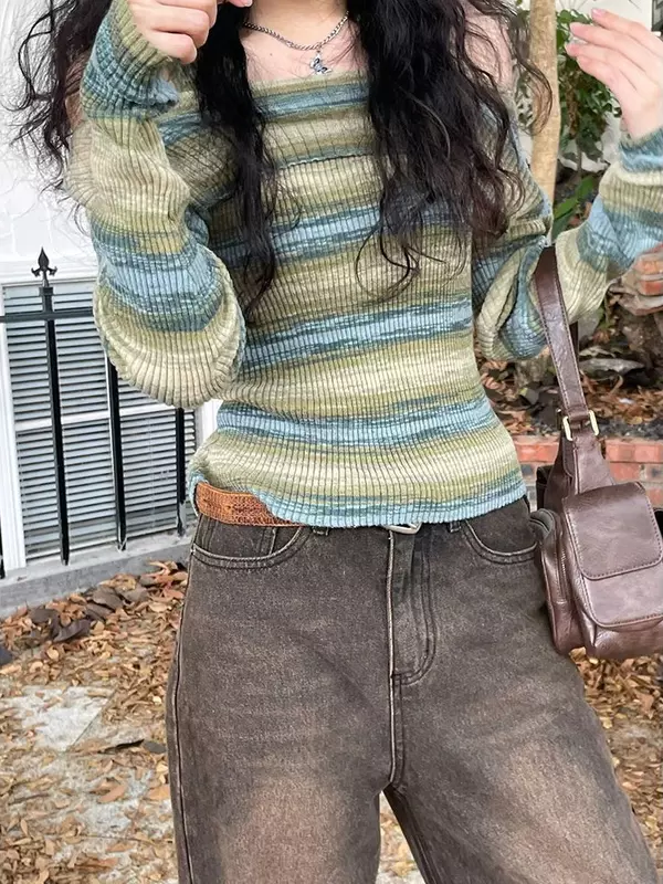 Женский трикотажный свитер с открытыми плечами, в стиле Харадзюку