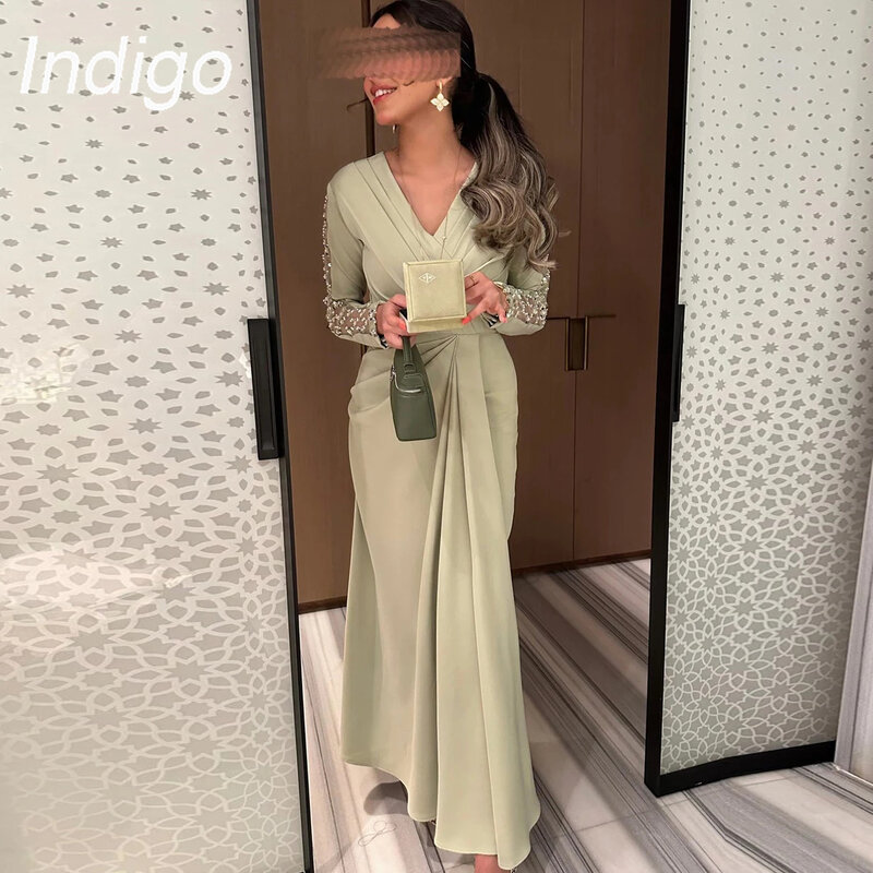 Indigo-Robe de Soirée Élégante pour Femme, Col en V, Perles Plissées, Fente Latérale, 2024