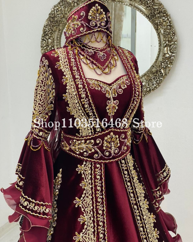 Vestido De novia De Oriente Medio Burdeos con tapeta, mangas largas, apliques dorados lujosos, cordones argelinos Bey, túnicas De Soirée