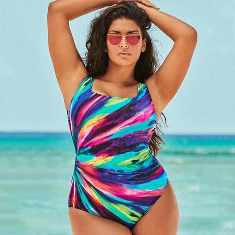ขนาดใหญ่ Plus ขนาดผู้หญิง Monokini กับทรวงอก Pad No Underwire เซ็กซี่ Breathable สระว่ายน้ำสายรุ้งลาย Beach ชุดว่ายน้ำชายหาด
