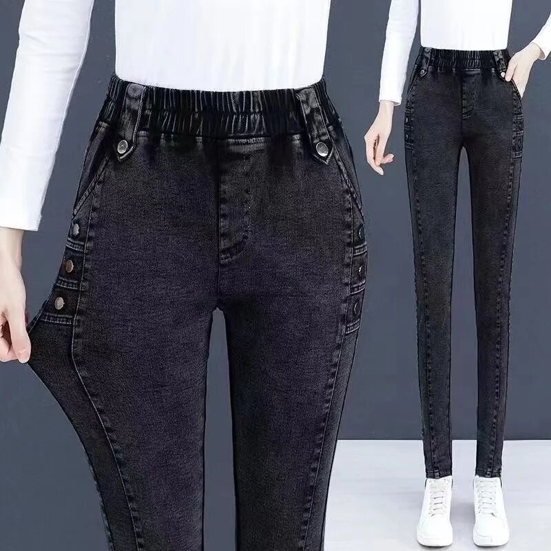 High Stretch Pencil Pants Casual Elastic Waist Skinny Full Length Jeans Spring New Plus-Size Woman Trousers Fashion Pantalones