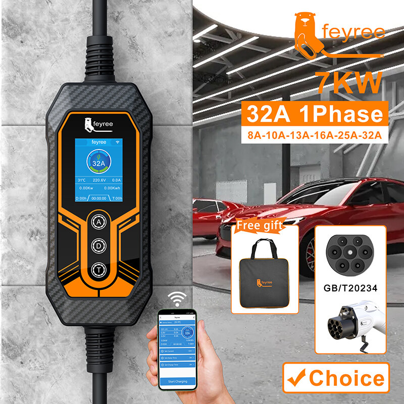 Feyree GB/T 플러그 휴대용 EV 충전기, 블루투스 버전, EVSE 충전 박스, 전기 자동차용 CEE 플러그, 32A, 7KW, 1 상 앱, 5m 케이블
