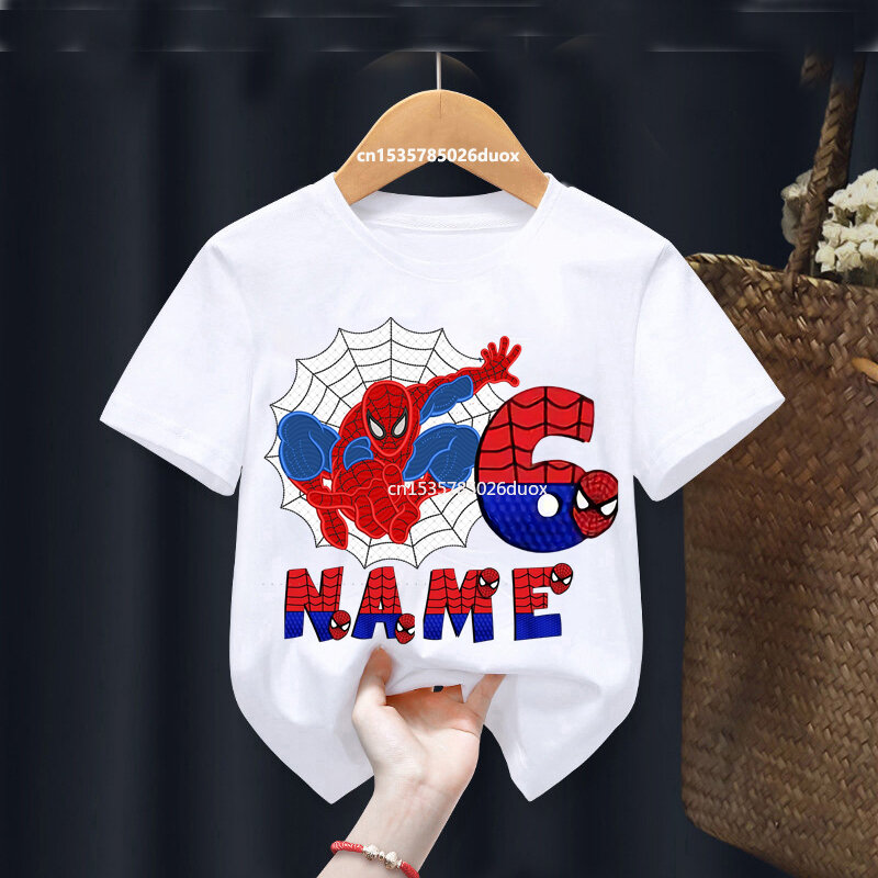 여름 스파이더맨 맞춤형 이름 생일 소년 반팔 흰색 티셔츠, 아이 2, 3, 4, 5, 6, 7, 8, 9 스파이더맨 생일 소녀 셔츠