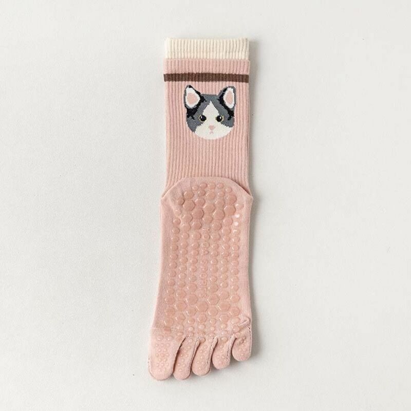 Meias de algodão antiderrapantes confortáveis para mulheres, meias simples de cinco dedos, meias de ioga respiráveis, meias animais cartoon