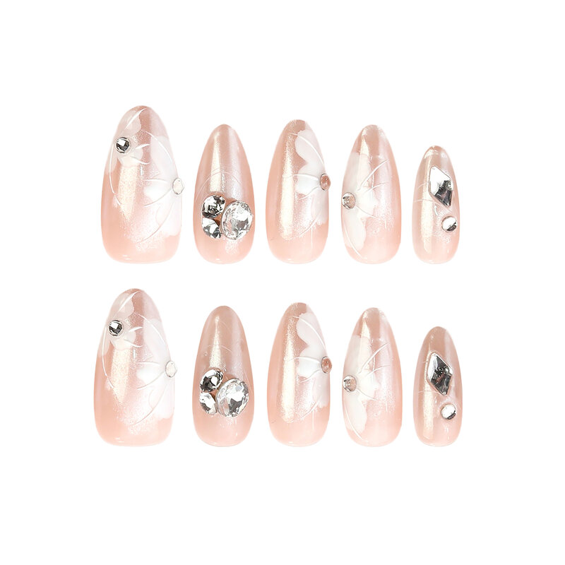 수제 프레스 네일 아몬드 장식 가짜 손톱 짧은 아크릴 용수철, 미적 가짜 손톱 중간 핑크