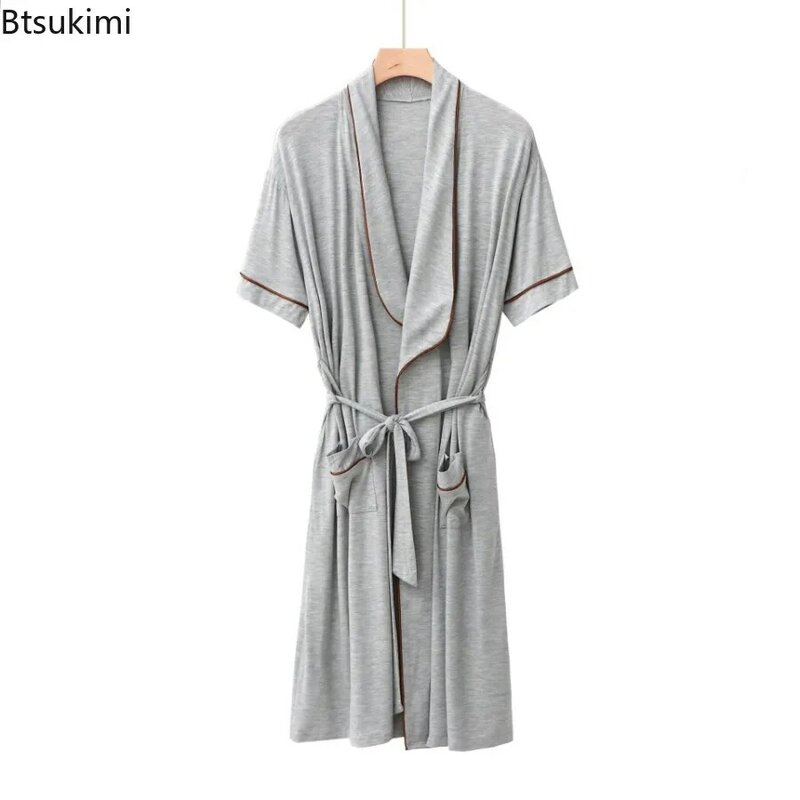 2024 Men's Plus Size Home Clothes Short-sleeved Cardigan Mid-length Men Kimono Bathrobe with Waist Lace-up Pajamas Bathrobe Male