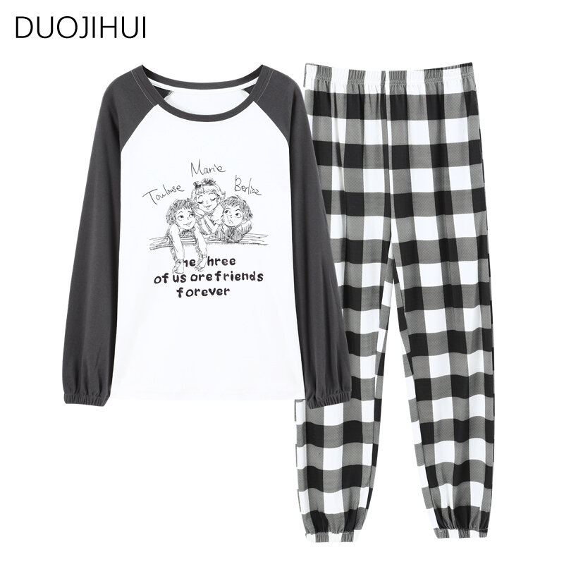 DUOJIHUI Two Piece Simple Printed Autumn Female Sleepwear Basic O-neck Pullover Classic Plaid Pant Casual Home Pajamas for Women
