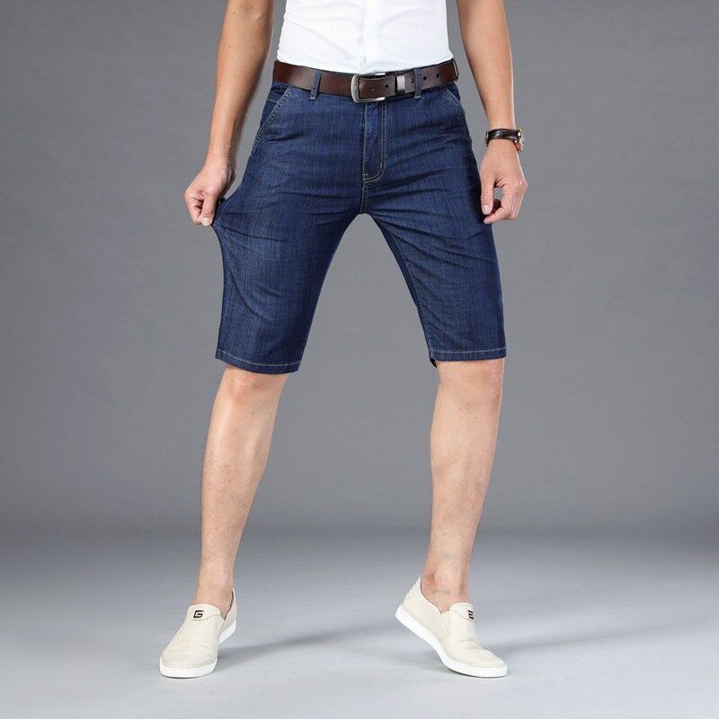 Celana Open-Seat ritsleting tak terlihat Mobil cinta musim panas celana pendek Denim tipis celana Jeans pria celana pendek elastis lurus Fifth Jeans
