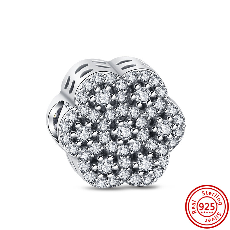 Cocok asli Pandora jimat gelang perhiasan 100% 925 perak murni mahkota bunga hati Pave berkilau sederhana perak warna manik-manik