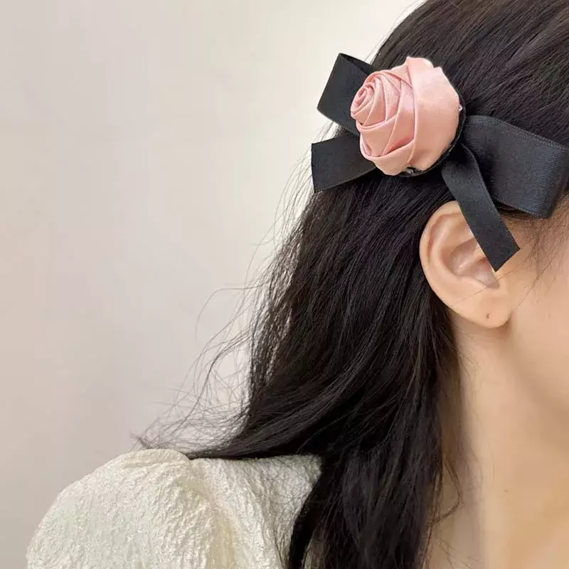 2024 klip rambut pita mawar merah muda Korea untuk wanita Vintage elegan warna Solid klip samping bebek klip jepit rambut aksesoris rambut