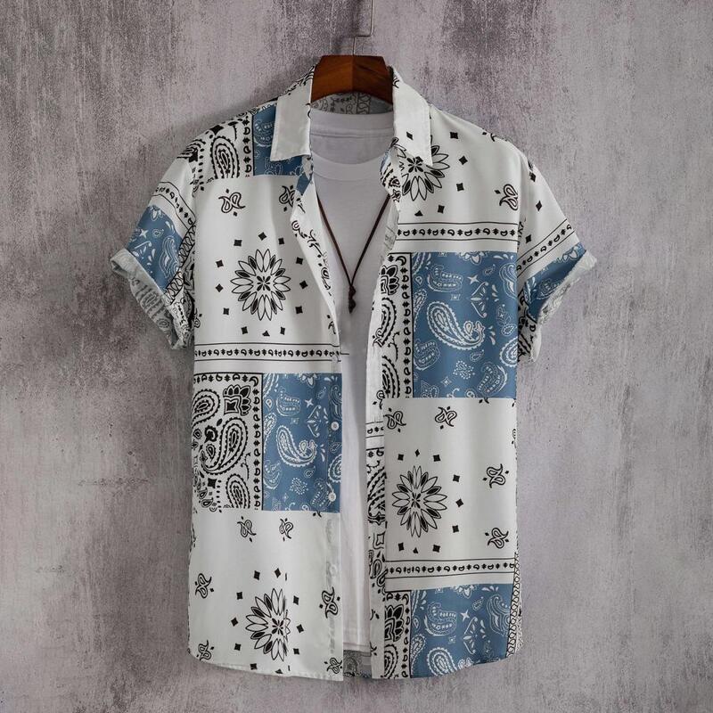 Vintage Heren Strandshirt Kleurrijk Print Single-Breasted Korte Mouwen Heren Overhemd Revers Kraag Losse Knoop Print Casual Shirts