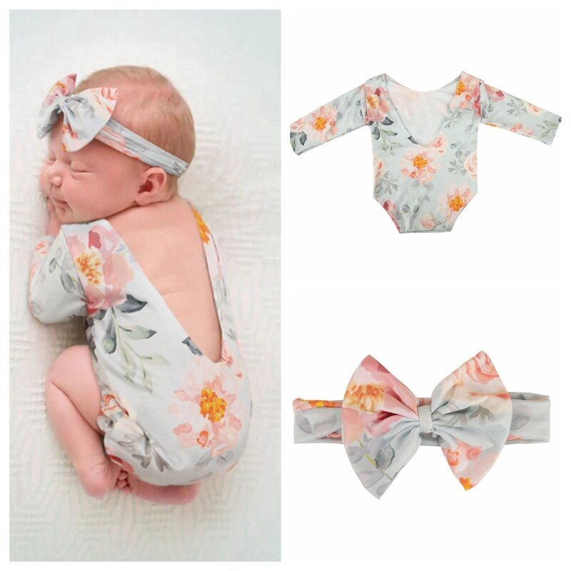 2 Pcs Newborn Photography Props Baby Flower Printed Romper Bow Headband Outfit G99C