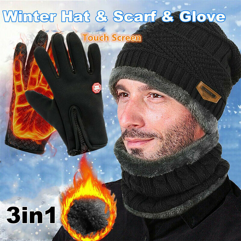 3 Pcs ฤดูหนาวหมวกถักคออุ่นถุงมือขนแกะเรียงรายหมวกผ้าพันคอ Infinity Touch Screen Mittens สำหรับผู้ชายผู้หญิง