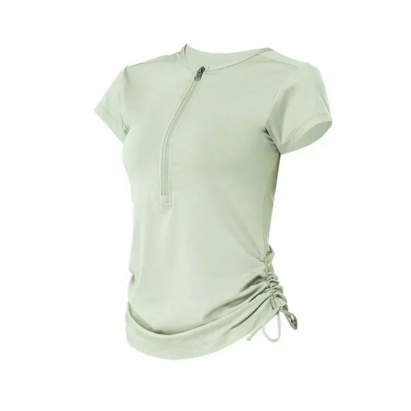 Camiseta deportiva de manga corta con cordón y cremallera para mujer, abrigo de Fitness, ropa transpirable de secado rápido para correr y Yoga