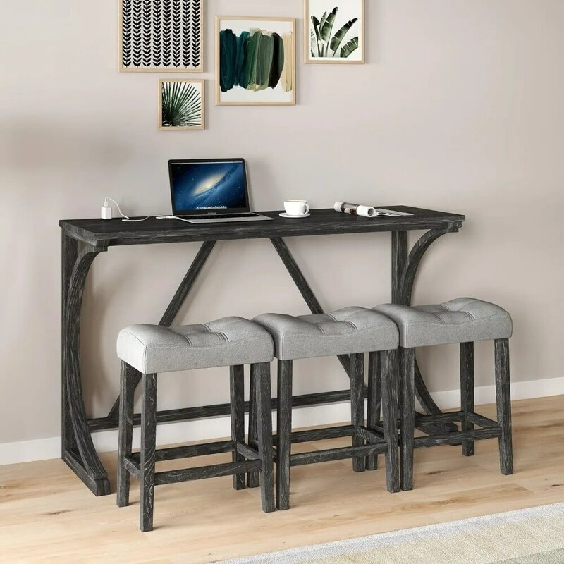 Restaurant bar table and chair set of 4 pieces, with power socket, bar table set, with 3 cushions,