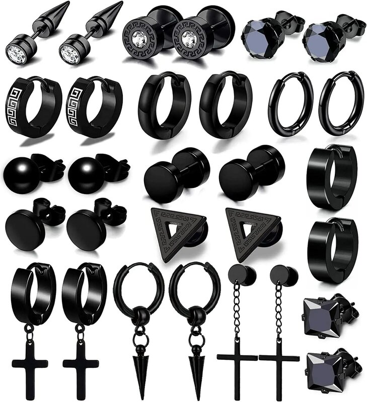 Conjunto de brincos de argola para homens, cruz gótica preta, joias redondas, pop da rua, hip hop, 11, 12, 13, 15, 17 pares