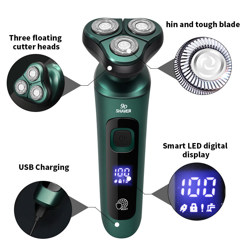Afeitadora eléctrica inteligente verde con pantalla Digital LCD, maquinilla de afeitar flotante de tres cabezales, recargable por USB, cuchillo multifunción para Barba