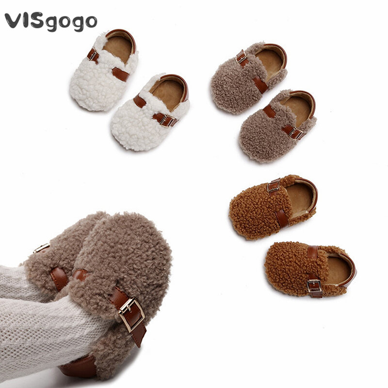 VISgogo-mocasines con hebilla de cinturón para niña, zapatos planos de felpa, suela suave, antideslizantes, para primeros pasos, Otoño e Invierno
