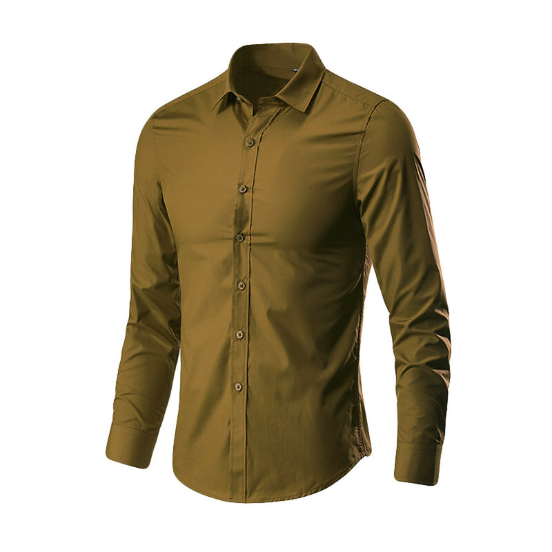 Мужская модная деловая рубашка для отдыха с отложным воротником, Однотонная рубашка с длинными рукавами, новые высококачественные топы, приталенные мужские рубашки, блузка