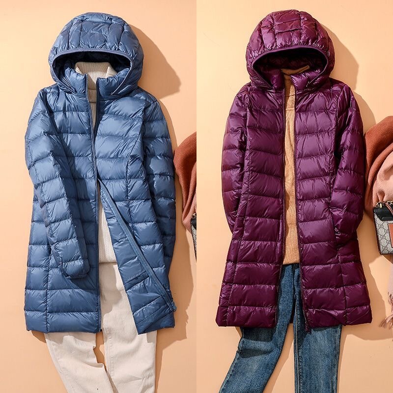 Ultra Light Weight Down Jacket Women 2024 New X-long Detachable Cap Hooded Korean Fashion Slim Fit Autumn Winter Big Size Coat