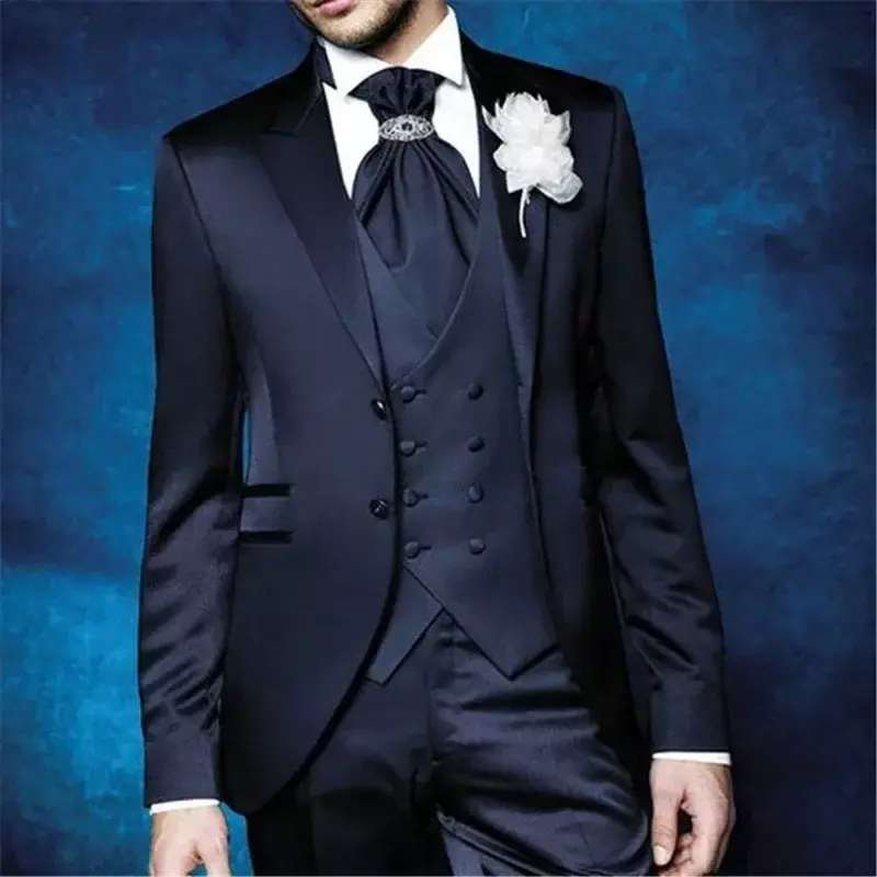 Ternos de casamento formais azuis escuros masculinos, smoking para noivo, blazer de baile, fantasia personalizada de alta qualidade, elegante, 3 peças, 2024