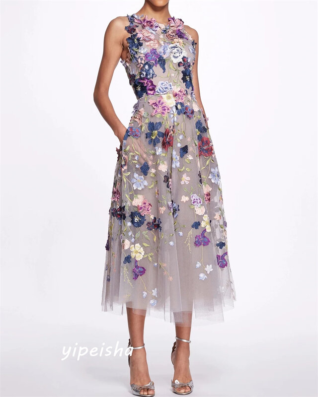   Sexy Casual  Evening Tulle Flower Beading Ruched Formal Evening A-line High Collar Bespoke Occasion Gown Midi Dresses
