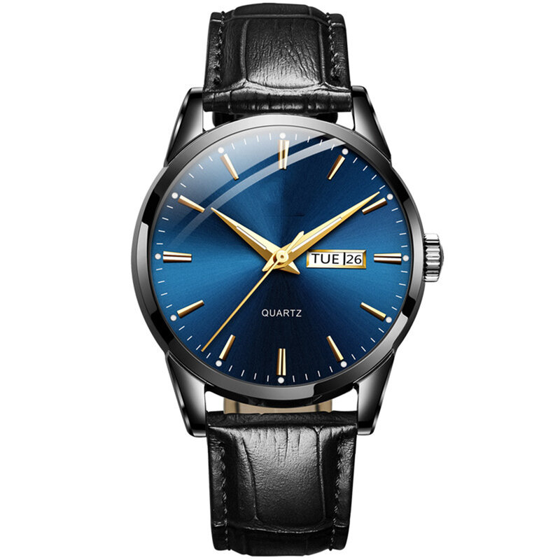 Masculino clássico relógio de quartzo impermeável, pulseira de couro, data, calendário, reunião de negócios, namoro