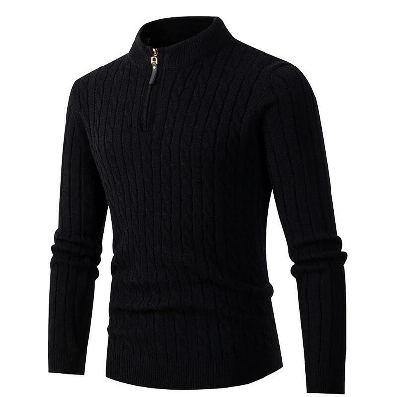 Men Autumn Sweater Thick Zipper Half-high Collar Twist Pattern Solid Color Warm Slim Fit Casual Winter Sweater for Daily Wear