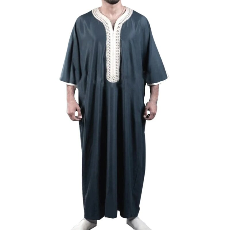 2024 Summer Caftan New Muslim Men's Solid Color Robe Short Sleeves Embroidered Arabic Ethnic Style Men's Islamic Clothes